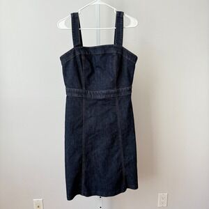 Ann Taylor Factory Dark Wash Denim Pinafore Dress sz 6 Cotton Knee Length